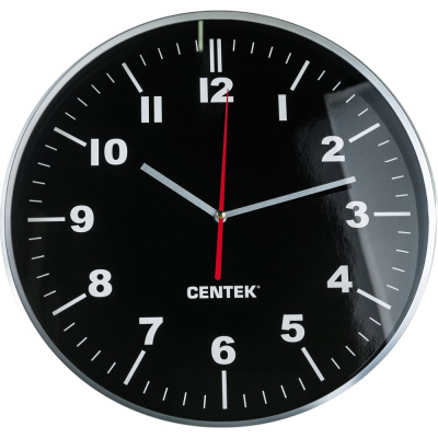 Настенные часы Centek черные, хромированные, 30 см диаметром, круг, плавный ход, кварцевый механизм