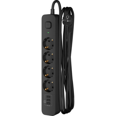 Удлинитель сетевой с USB, 2 м, 4 розетки, 16А, с заземлением, с выключателем, USB-A, 3,4A, ФОТОН, черный