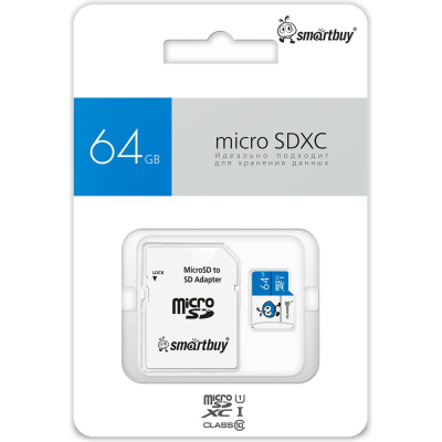 Micro SDXC карта памяти 064GB UHS-I BLUE, с адаптером SD Smartbuy