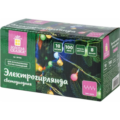 Электрогирлянда-нить комнатная 10 м, 100 LED, с насадками, вид: "Шарики", мультицветная, 220V, контроллер, ЗОЛОТАЯ СКАЗКА, 591102