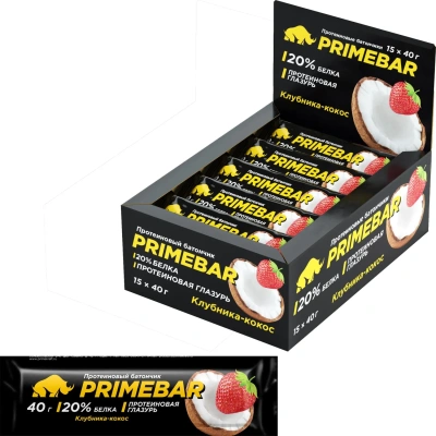 Батончик протеиновый PRIMEBAR со вкусом клубники и кокоса, 40г, 15шт/уп