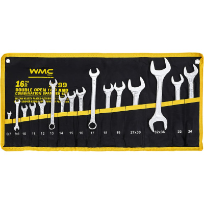 Набор комбинированных и рожковых ключей на полотне от бренда WMC TOOLS включает 16 предметов и