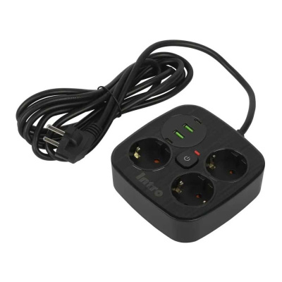 Удлинитель электрический Intro UGES330-B-4USB с заземлением с выключателем 3 розетки + 4xUSB A+C 3м 10А черный