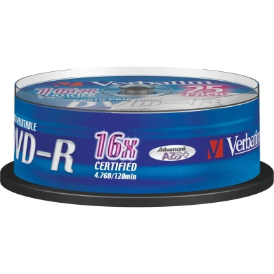 Носители информации DVD-R Printable, 16x, Verbatim Azo Wide, Cake/25, 43538