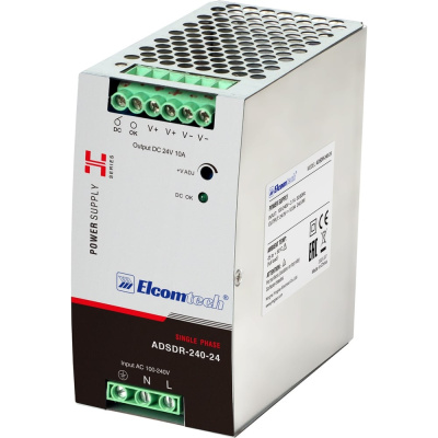 Блок питания на DIN рейку ELCOMTECH AC/DC 240W вход 100-240V,выход 24V 10A ADSDR-240-24 УТ-00038958