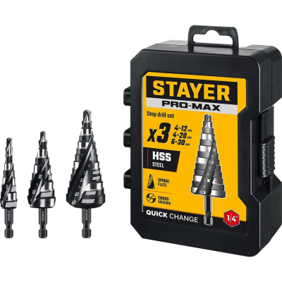 Набор сверл ступенчатых STAYER Pro-Max 3 шт, 4-30мм, винтовая спираль