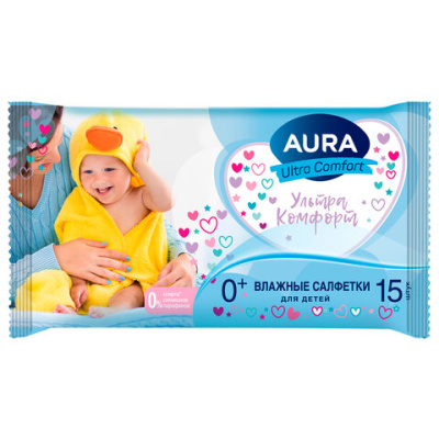 Салфетки влажные Aura "Ultra comfort", 15шт., детские, универсал. очищающие, без спирта