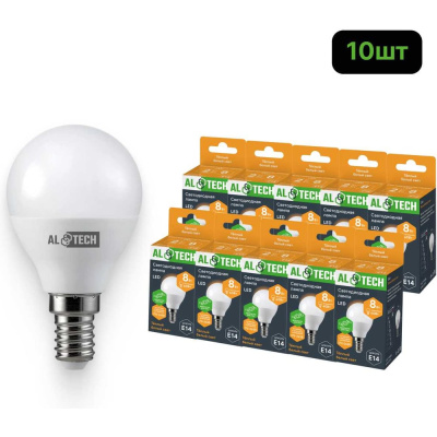 Лампочка светодиодная ALTECH LED G45-8W-830-Е14 8Вт шарик теплый белый свет 10шт