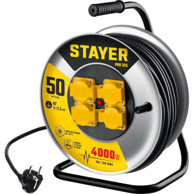 Силовой удлинитель на стальной катушке кг 3x2.5 50м STAYER Pro 325