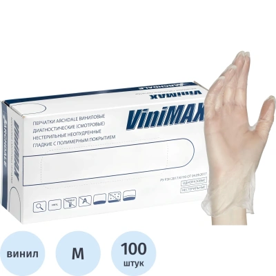 Перчатки одноразовые виниловые неопудр. прозрачные р.M 100шт/уп,ПС