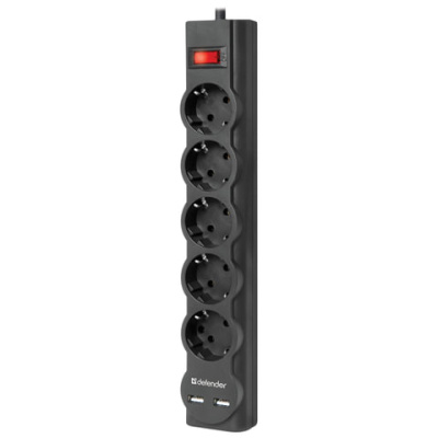 Сетевой фильтр Defender DFS 753 5 розеток 3,0м, 2xUSB, 2.1A, черный