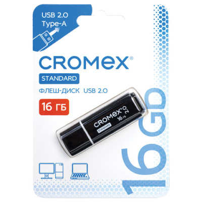 Флеш-диск 16 GB, CROMEX (КРОМЕКС) Standard USB 2.0, черный, 514158