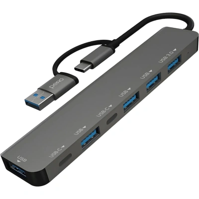 Разветвитель USB PERO MH06, USB-С/A TO 2xUSB-C+USB 3.0+4xUSB 2.0 серый
