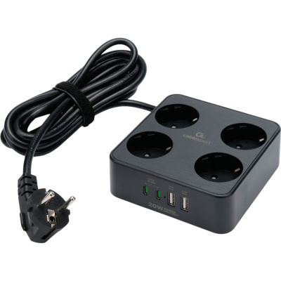 Сетевой фильтр Cablexpert Plate 4р, 10А, 2xType-C PD, 20Вт, 2xUSB, 3м, ур.защиты 4+,черный,короб