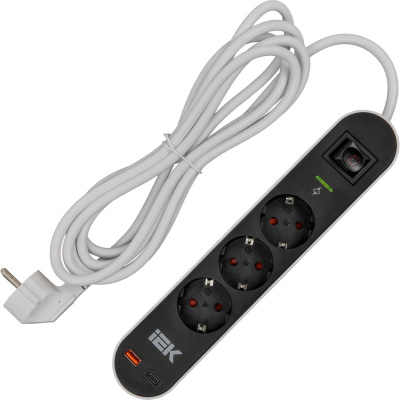 Фильтр сетевой IEK СФ-03К 16А USB A+C 20Вт 3м 3х1,5мм2 черный