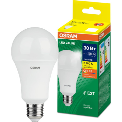 Лампочка светодиодная Osram LED Value груша (А), 3000лм, 30Вт (замена 300Вт), 2700К, E27