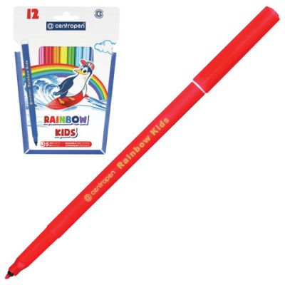 Фломастеры 12 ЦВЕТОВ CENTROPEN "Rainbow Kids", круглые, смываемые, вентилируемый колпачок, 7550/12ET, 775501202