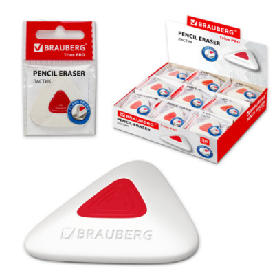Ластик BRAUBERG "Trios PRO", 36х36х9 мм, белый, треугольный, красный пластиковый держатель, 229559