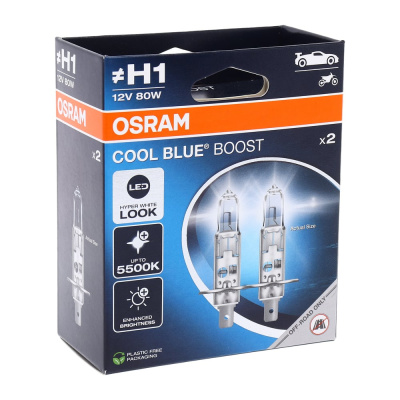 Автолампа Osram H1 80 P14.5s COOL BLUE BOOST до 5500K ЭКОбокс, 2шт 12V
