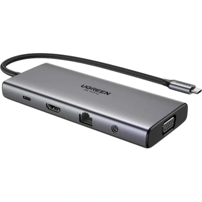 Разветвитель USB UGREEN CM639(45520)11в1 HDMI+VGA+RJ45+SD/TF+AUX+PD сер