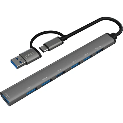 Разветвитель USB PERO MH04, USB-С/USB-A TO USB 3.0 + 6xUSB 2.0, серый