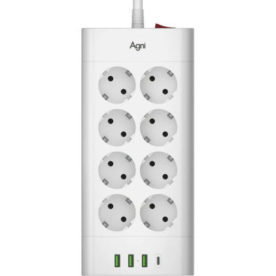 Сетевой фильтр AGNI плоский, 8 розеток, кабель 5м, 3USB, 1TYPE-C 20W, белый TP-FA4U8E-C-5m-white