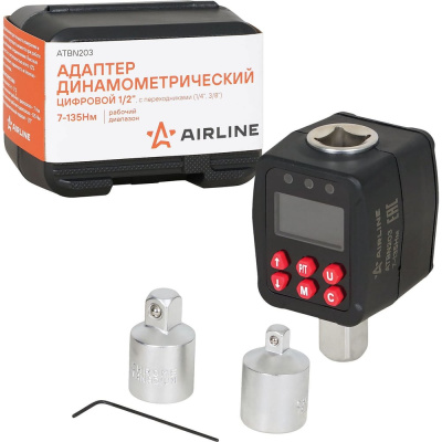 Адаптер динамометрический цифровой AIRLINE 1/2 7-135Нм, с переходниками,1/4, 3/8, кейс ATBN203