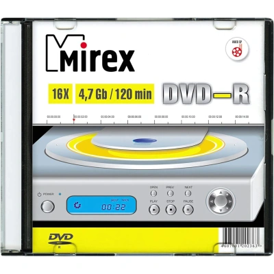 Диск DVD-R MIREX, 4,7 ГБ, 16x, Slim Case, 1 штука, UL130003A1S