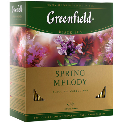 Чай GREENFIELD "Spring Melody" черный с чабрецом, мятой, смородиной, 100 пакетиков в конвертах по 1,5 г, 1065-09