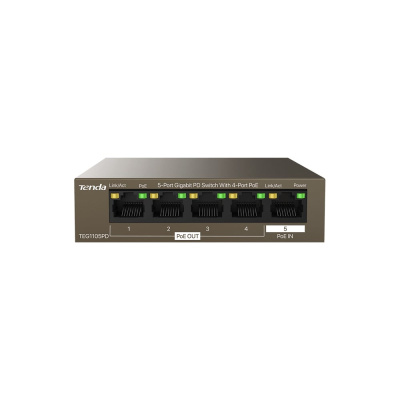 Коммутатор неуправляемый PoE Tenda TEG1105PD 5 портов, 5x1 Гбит/с, PoE 4x15,4 Вт (до 30Вт), настольный