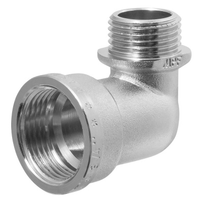 Уголок латунный никелированный переходной 3/4" × 1/2" в/н с ограничителем MPF