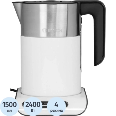 Чайник BOSCH TWK8611P, 1,5 л, 2400 Вт, закрытый нагревательный элемент, нержавеющая сталь, белый