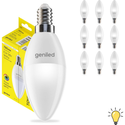 Светодиодная лампа geniled энергосберегающая, E14, C37, 9Вт, 3000K, 90Ra, свеча, 10 шт