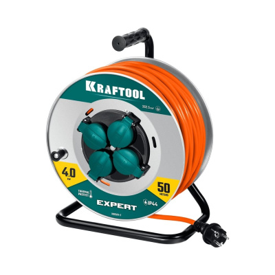 Силовой удлинитель на стальной катушке KRAFTOOL Expert ПВС 3x2.5, 50м