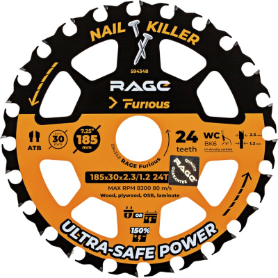 Диск пильный RAGE NAIL KILLER 185 мм (7 1/4”) Z24 посадка 30+20+16 Furious