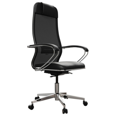 Кресло офисное МЕТТА "ErgoLife" Comfort, хром, сиденье мягкое, ткань-сетка/экокожа, черное