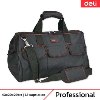 Сумка для инструментов DELI 430х290х200мм Black Edition DL430910 (13 карманов, ткань Oxford 600D, плечевой ремень)