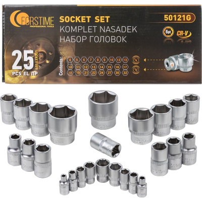 Головки 1/4"DR, 1/2"DR, набор 25 предметов, 6гр. FORSTIME