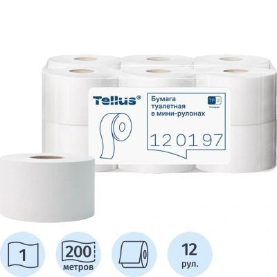 Бумага туалетная д/дисп Торк/Tellus Стандарт Т2 1сл 200м 12рул/уп 120197