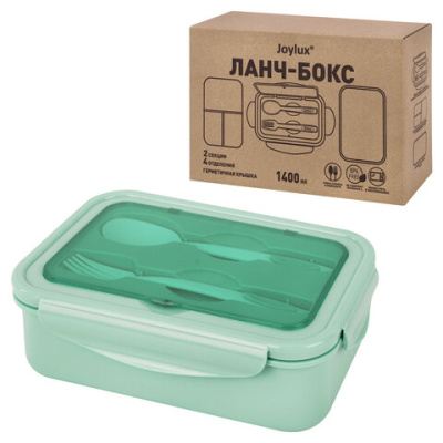 Ланч-бокс контейнер, 2 секции, 3+1 отделение, 1,4 л, ложка, вилка, 7х21х14 см, мятный, JOYLUX (ДЖОЙЛЮКС), 609347