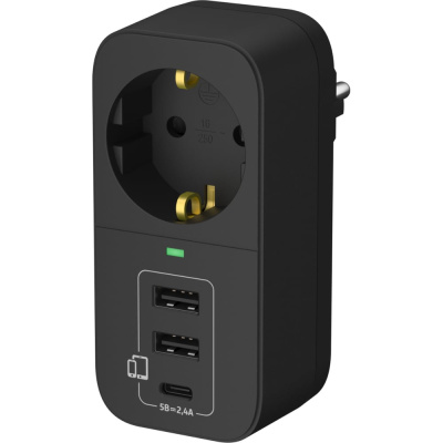 Адаптер сетевой, разветвитель тройник с USB-A + USB-C, 16А с заземлением, ФОТОН, черный