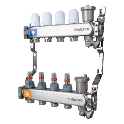 Коллекторный блок Valtec из нержавеющей стали с регулирующими клапанами и расходомерами, 1х4 вых. Евроконус 3/4