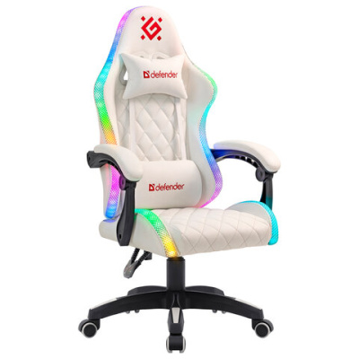 Кресло компьютерное DEFENDER "Energy", 2 подушки, RGB-подсветка, экокожа, белое, 64557