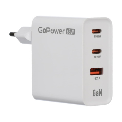 Сетевое З/У GoPower GPQC10 1USB+2Type-C 65W QC3.0 GAN белый 00-00028405