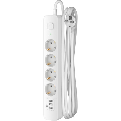 Удлинитель сетевой с USB, 2 м, 4 розетки, 16А, с заземлением, с выключателем, USB-A 3, 4A, ФОТОН, белый