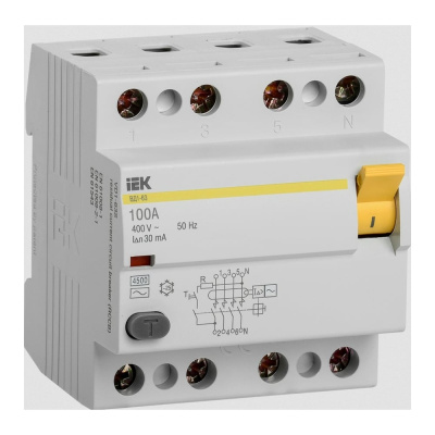 Выключатель дифференциального тока IEK 4п 100A 30mA тип AC ВД1-63 ИЭК