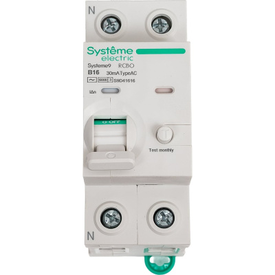 Автоматический выключатель дифференциального тока (АВДТ) Systeme Electric Systeme9 1 P+N, хар-ка B, 16 A, 6 kA, 30 мА, Тип-AC, 230 В S9D41616