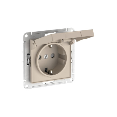 Механизм розетки Systeme Electric ATLASDESIGN с заземлением, со шторками, с крышкой, 16А, IP20, быстрозажимная клемма, песочный ATN001246S