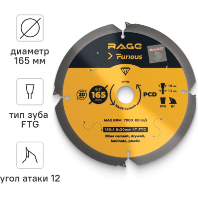 Диск пильный по фиброцементу 165 мм Z4 посадка 20 мм RAGE Furious Пильный диск