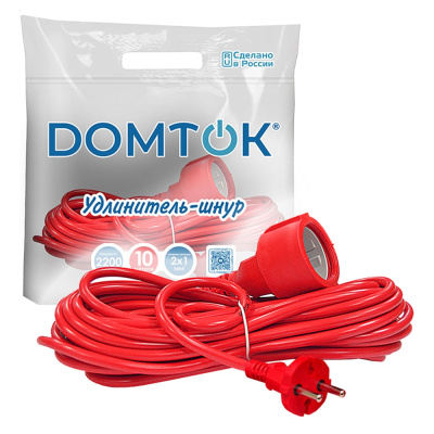 Удлинитель-шнур DOMTOK ПВС 2*1, 2,2кВт, без заземления, 10м 2488